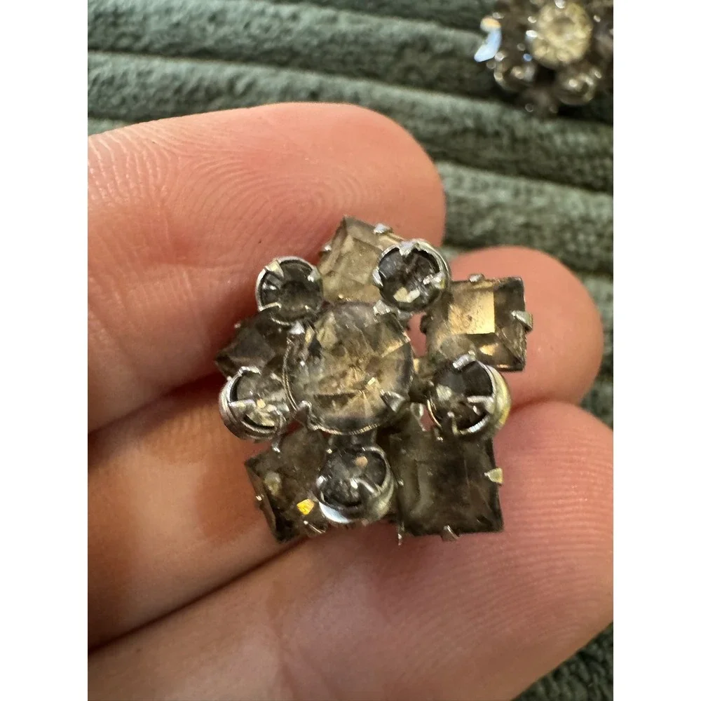 Vintage Rhinestone Brooch Pin Set Flower‎ Floral Silver Tone Costume Jewelry